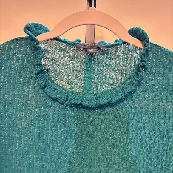 J. Crew Green Pointelle Short Sleeve Ruffle Neck Top - Picture 7 of 12